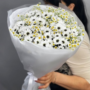 Букет "Понарошку" из хризантем сантини и ромашек в Электрогорске