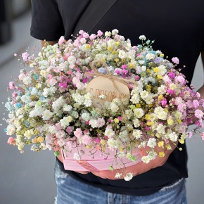 Композиция в коробке сердца из радужных гипсофил с топпером в Электрогорске